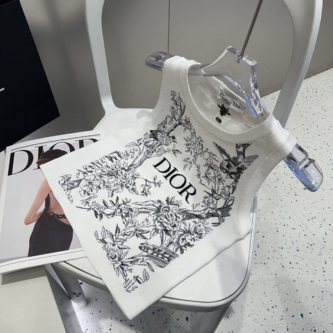 KNITTED TANK TOP 643231 IN WHITE COTTON JERSEY BLACK BIRD AND FLORAL PATTERN