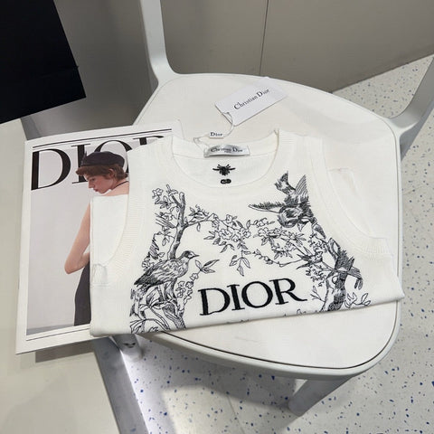 KNITTED TANK TOP 643231 IN WHITE COTTON JERSEY BLACK BIRD AND FLORAL PATTERN