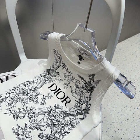 KNITTED TANK TOP 643231 IN WHITE COTTON JERSEY BLACK BIRD AND FLORAL PATTERN