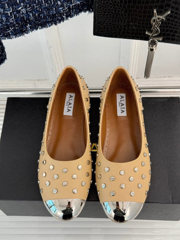 STUD-EMBELLISHED BALLET FLATS IN SEPIA TAN CALFSKIN