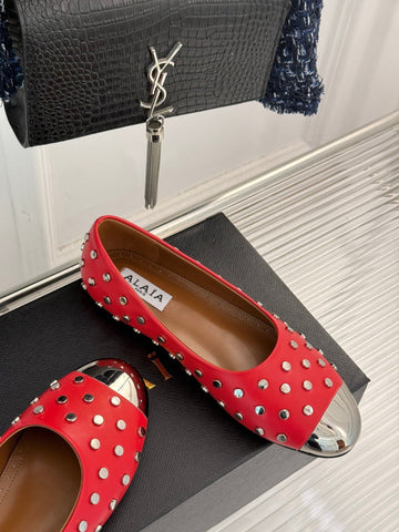 STUD-EMBELLISHED BALLET FLATS IN CHERRY RED CALFSKIN