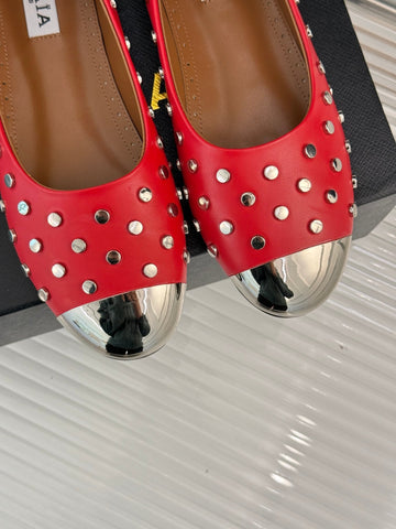 STUD-EMBELLISHED BALLET FLATS IN CHERRY RED CALFSKIN