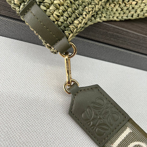 LOEWE 25S SLIT TOTE BAG 30 IN OLIVE DRAB RAFFIA CANVAS SHOULDER STRAP