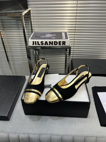 slingback black suede gold metalic lambskin square toe 5.0