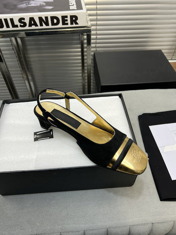 slingback black suede gold metalic lambskin square toe 5.0