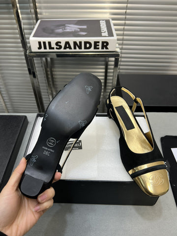 slingback black suede gold metalic lambskin square toe 5.0