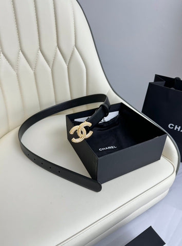 CC BELT 30MM IN BLACK SMOOTH CALFSKIN GOLD HARDWARE ATTACH PEARLS