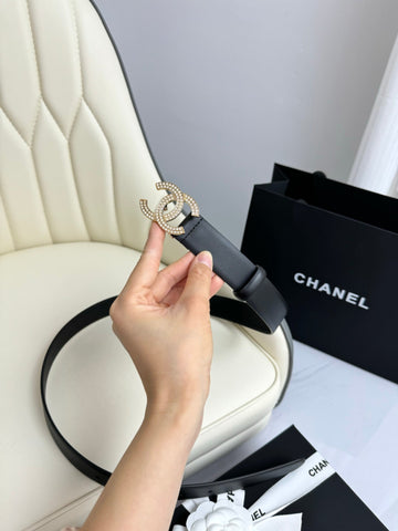 CC BELT 30MM IN BLACK SMOOTH CALFSKIN GOLD HARDWARE ATTACH RHINSTONES