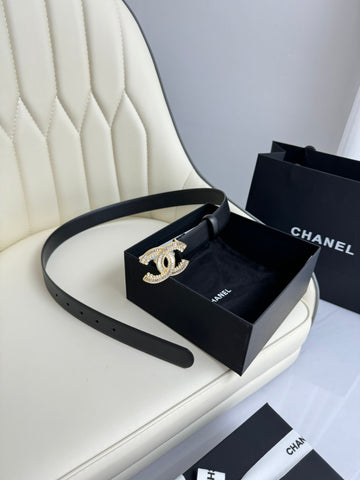 CC BELT 30MM IN BLACK SMOOTH CALFSKIN GOLD HARDWARE ATTACH RHINSTONE