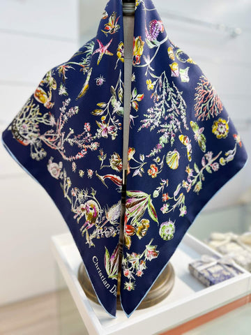 DIOR REVERSIBLE PRINTED SQUARE SCARF 90 CM IN NAVY BLUE SILK 735869