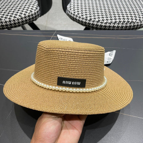 MM SMALL-BRIM STRAW HAT IN BEIGE AND PEARL EMBELLISHED