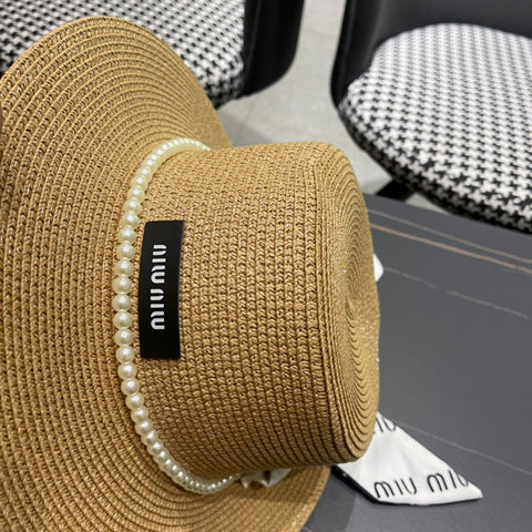 MM SMALL-BRIM STRAW HAT IN BEIGE AND PEARL EMBELLISHED
