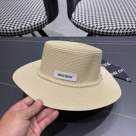MM SMALL-BRIM STRAW HAT IN LIGHT BEIGE AND PEARL EMBELLISHED