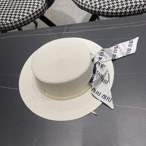 MM SMALL-BRIM STRAW HAT IN CREAM WHITE AND PEARL EMBELLISHED