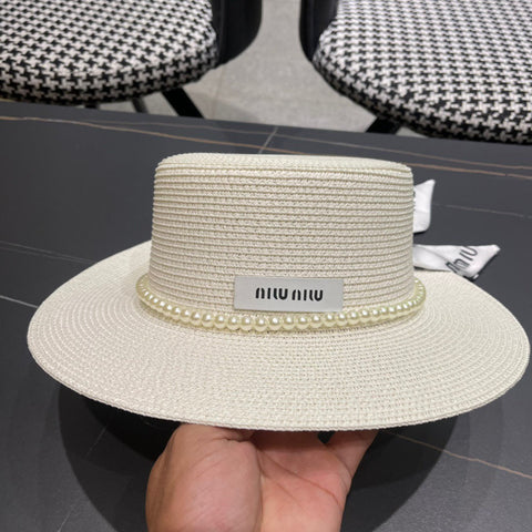 MM SMALL-BRIM STRAW HAT IN CREAM WHITE AND PEARL EMBELLISHED