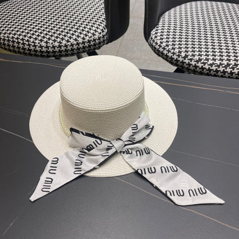 MM SMALL-BRIM STRAW HAT IN CREAM WHITE AND PEARL EMBELLISHED