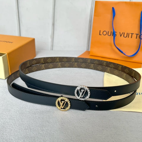 LV Circle Nautical 20mm Reversible Belt Silver Buckle Black Brown Lambskin