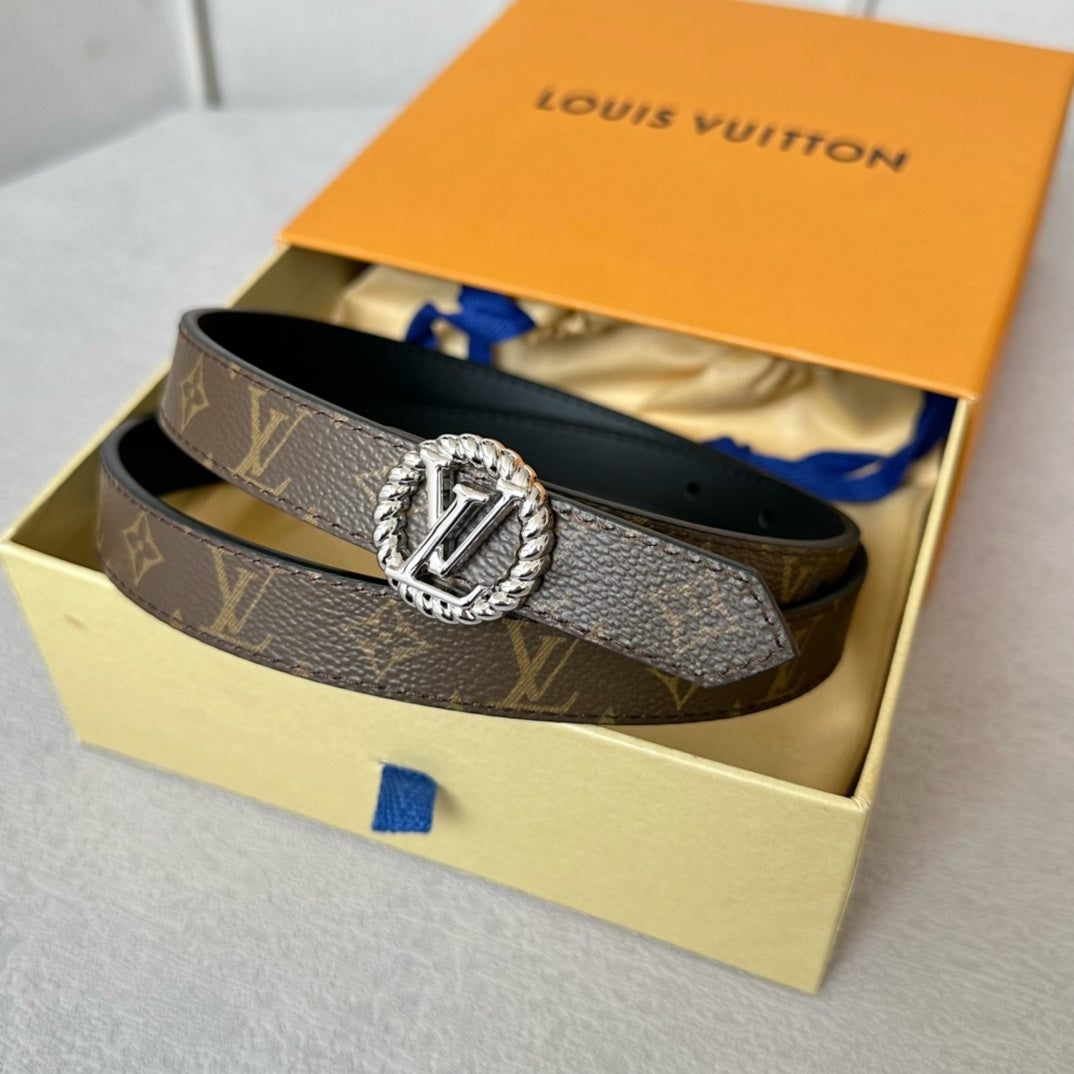 LV Circle Nautical 20mm Reversible Belt Silver Buckle Black Brown Lambskin