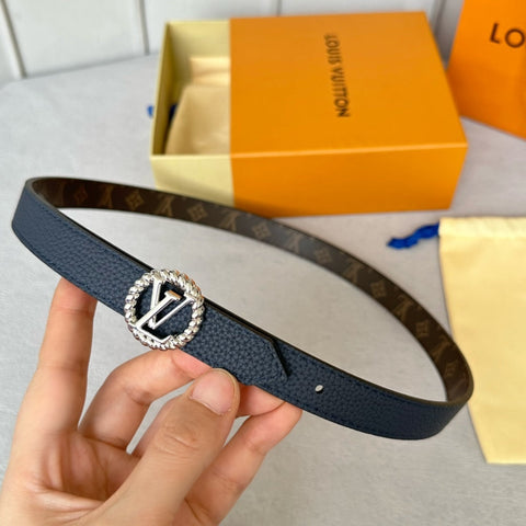 LV Circle Nautical 20mm Reversible Belt Silver Buckle Navy Blue Brown Leather