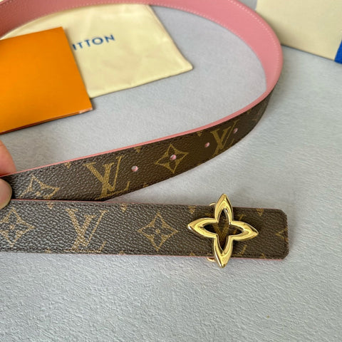 LV Flowergram 30mm Reversible Belt Gold Buckle Pink Brown Leather