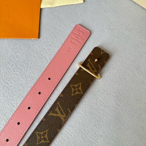 LV Flowergram 30mm Reversible Belt Gold Buckle Pink Brown Leather