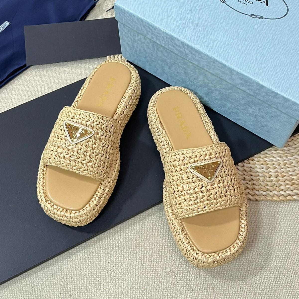 PRA CROCHET FLATFORM SLIDES BEIGE RAFFIA