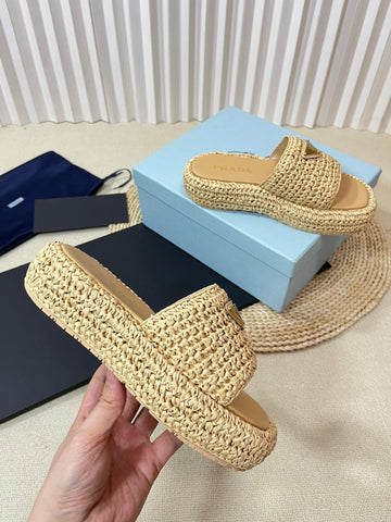 PRA WEDGE FLATFORM SLIDES BEIGE RAFFIA