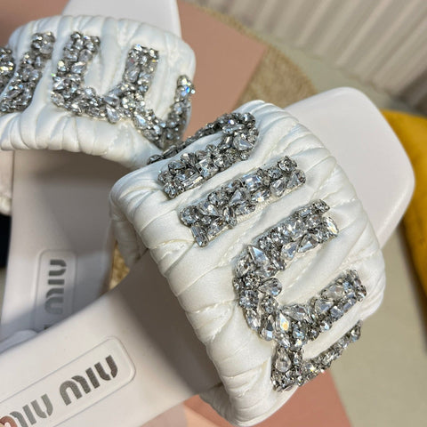 Women's White Leather Diamond Slippers