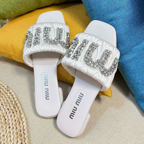 Women's White Leather Diamond Slippers