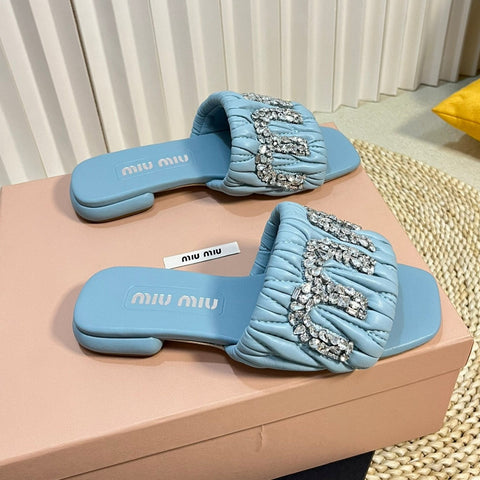 Women's Sky Blue Leather Diamond Slippers