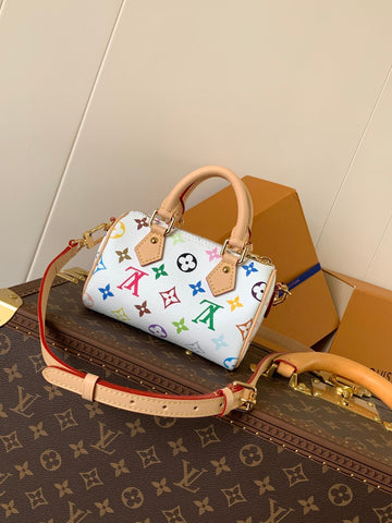 NANO SPEEDY BAG 16 IN COLORFUL MONOGRAM PATTERN AND WHITE COATED CANVAS