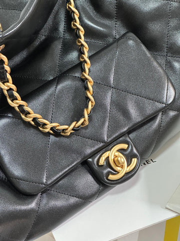 MAXI SHOPPING BAG 36 IN BLACK LAMBSKIN GOLD METALLIC