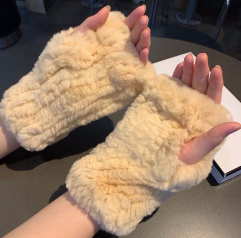 FINGERLESS HALF GLOVES IN BEIGE CREAM RABBIT FUR 462277