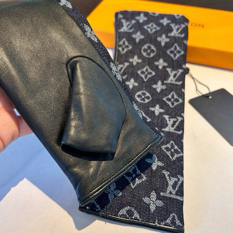 FINGERLESS LONG GLOVES IN BLACK MONOGRAM DENIM AND LAMBSKIN