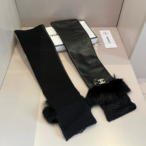 FINGERLESS LONG GLOVES IN BLACK LAMBSKIN WITH RABBIT FUR 465798