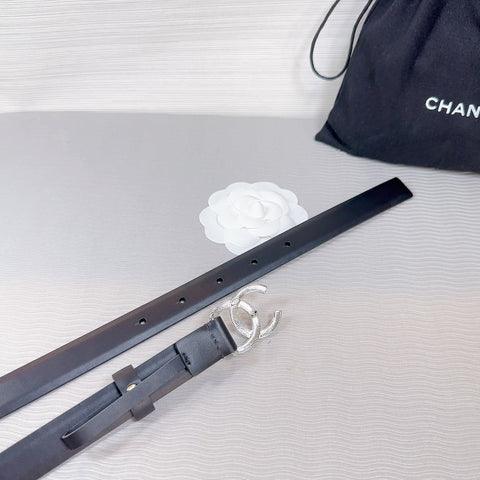 CC BELT 20 MM IN BLACK SMOOTH CALFSKIN SILVER HARDWARE ATTACH RHINSTONE