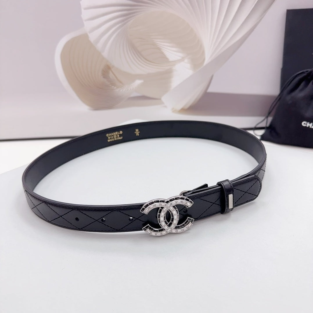 CC 30MM BELT IN BLACK EMBROIDERED CALFSKIN SILVER HARDWARE