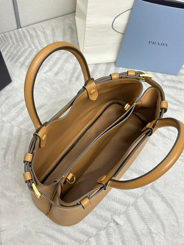 PRADA 25S BUCKLE MEDIUM HANDBAG 28 IN CARAMEL CALFSKIN GOLD HARDWARE