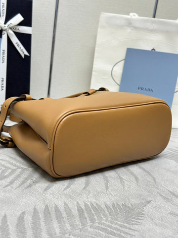 PRADA 25S BUCKLE MEDIUM HANDBAG 28 IN CARAMEL CALFSKIN GOLD HARDWARE