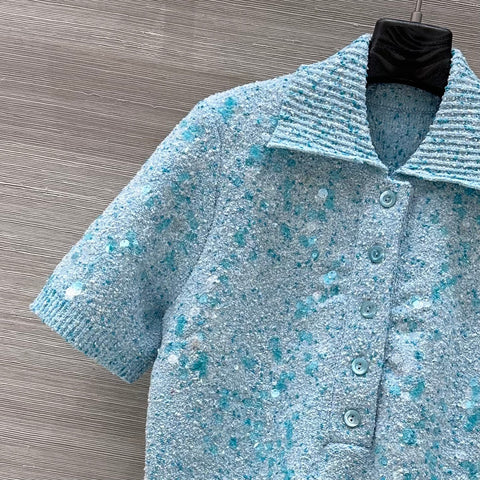 Gucci Knitted Polo Short-sleeved Top Blue Wool