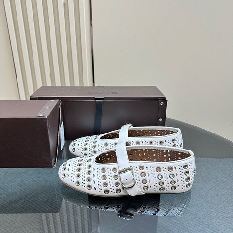 STRASS BALLET FLATS IN WHITE CALFSKIN