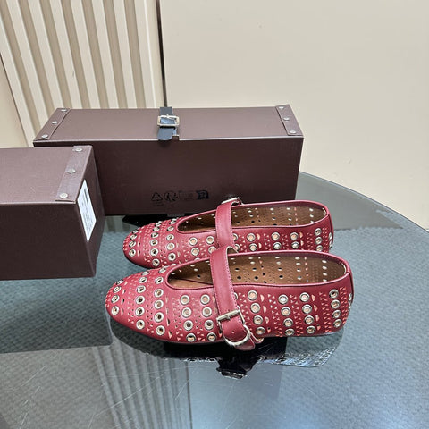 STRASS BALLET FLATS IN RUBY RED CALFSKIN