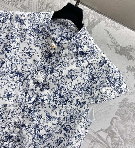 CD Short Dress White Cotton Muslin with Blue Butterfly Motif