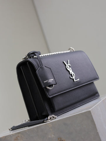 YSL 25S SUNSET MEDIUM 22 IN BLACK GRAINED CALFSKIN SILVER HARDWRE