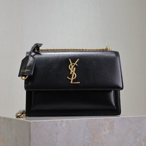 YSL 25S SUNSET BAG 22 IN BLACK CALFSKIN GOLD HARDWARE